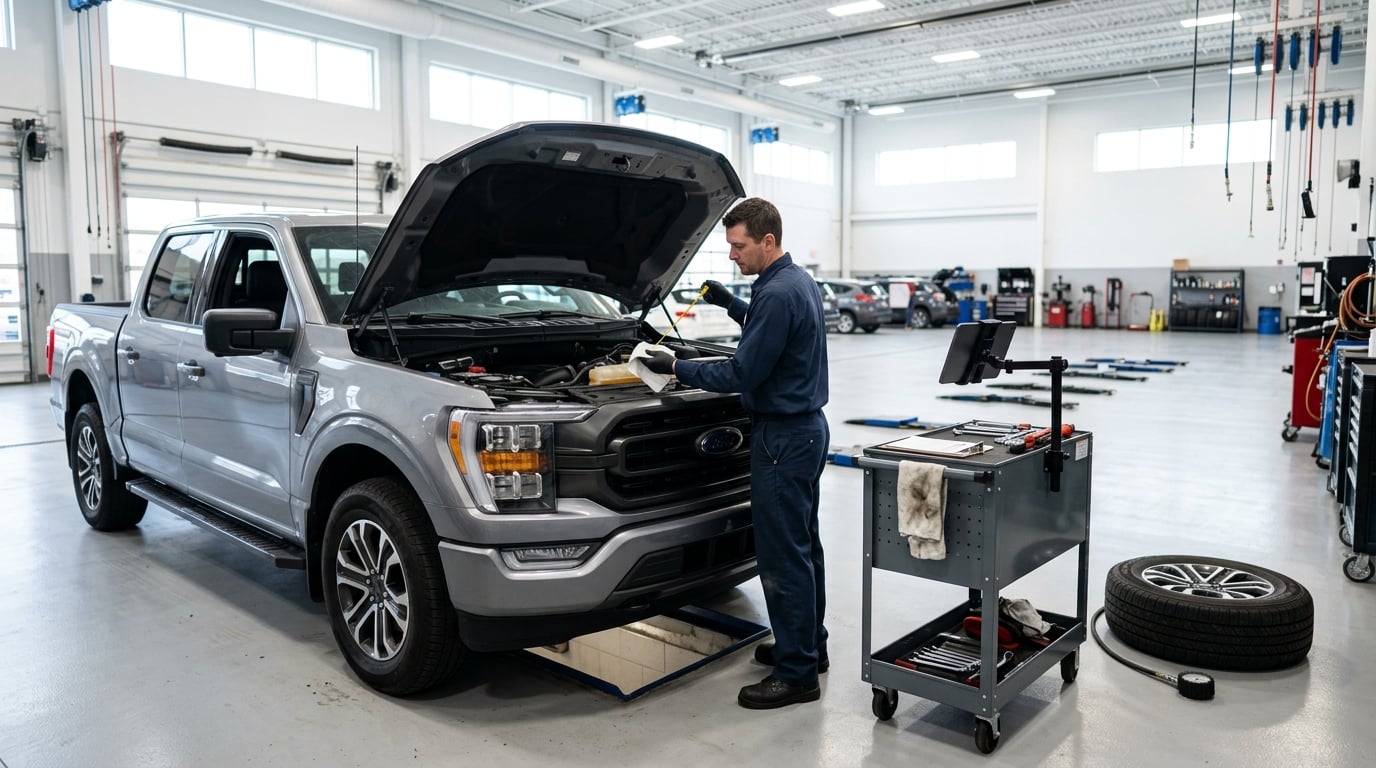 Service technician checking the engine oil on a pickup truck in a dealership service bay