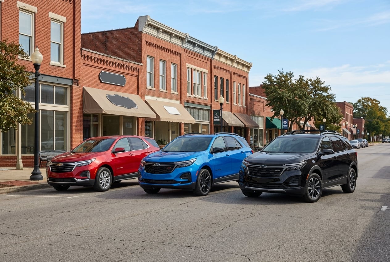 Three 2027 Chevrolet Equinox SUVs in red, blue and black (LT, RS and ACTIV trims) parked side by side on a small-town Main Street in Albertville, Alabama, brick storefronts behind, clear sky, trim lineup comparison, realistic automotive photography, no people, no text, no logos (Representative image for illustration purposes only. Actual vehicle may vary based on trim and configuration.)