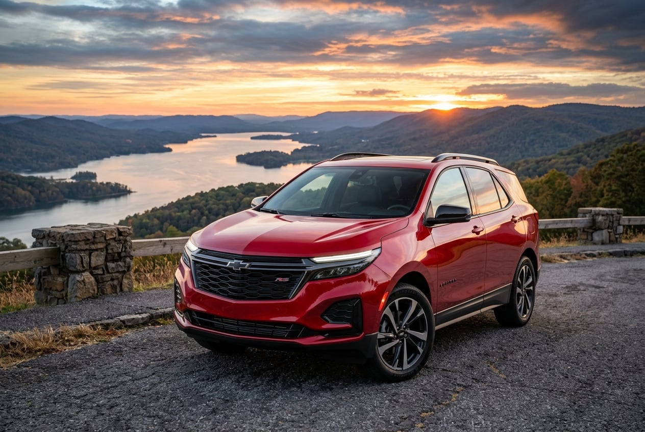 2027 Chevrolet Equinox RS in radiant red, dramatic low-angle front hero shot on a scenic Appalachian foothills overlook above Lake Guntersville, Alabama at sunset, premium mood, realistic automotive photography, no people, no text, no logos (Representative image for illustration purposes only. Actual vehicle may vary based on trim and configuration.)
