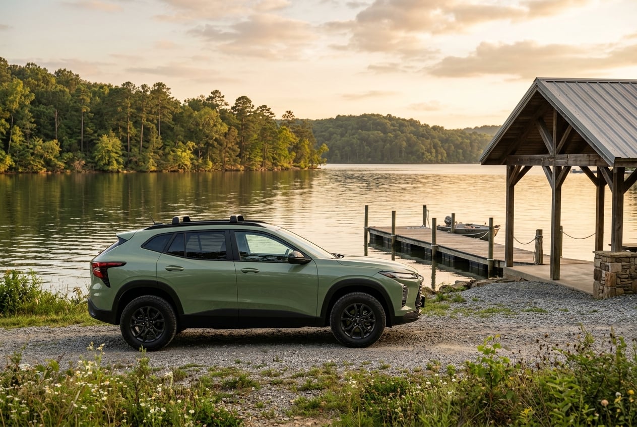 2027 Chevrolet Equinox ACTIV in cacti green, side profile showing its rugged exterior design, parked beside a lakeside pavilion and boat dock on Lake Guntersville, Alabama, calm water and wooded shoreline, golden hour, realistic automotive photography, no people, no text, no logos (Representative image for illustration purposes only. Actual vehicle may vary based on trim and configuration.)