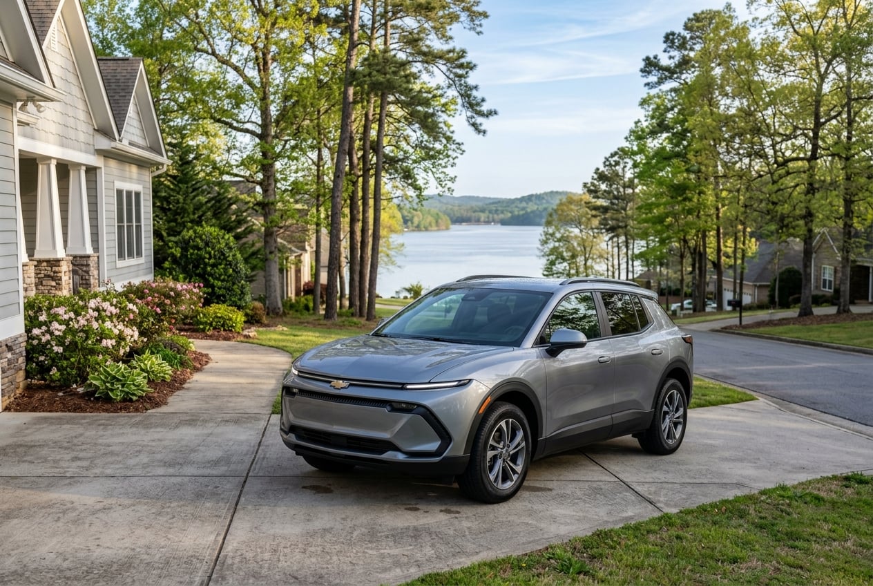 2027 Chevrolet Equinox compact SUV in sterling gray, three-quarter front view, parked in a quiet residential driveway in Guntersville, Alabama with Lake Guntersville visible between trees behind, morning light, realistic automotive photography, no people, no text, no logos (Representative image for illustration purposes only. Actual vehicle may vary based on trim and configuration.)