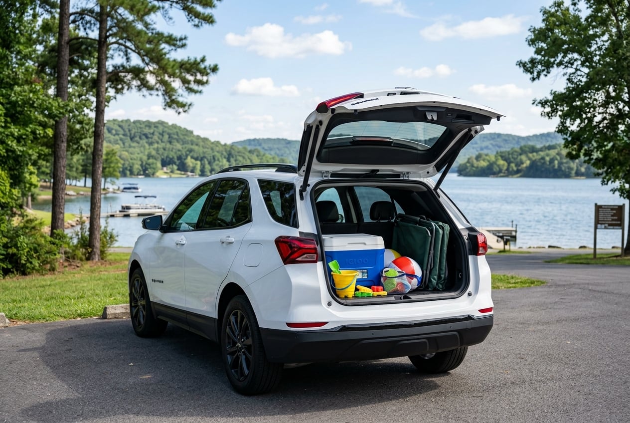 2027 Chevrolet Equinox in white with rear liftgate open showing a spacious cargo area packed with a picnic cooler, folding chairs and beach toys, parked at a lakeside park in Guntersville, Alabama, sunny afternoon, realistic automotive photography, no people, no text, no logos (Representative image for illustration purposes only. Actual vehicle may vary based on trim and configuration.)