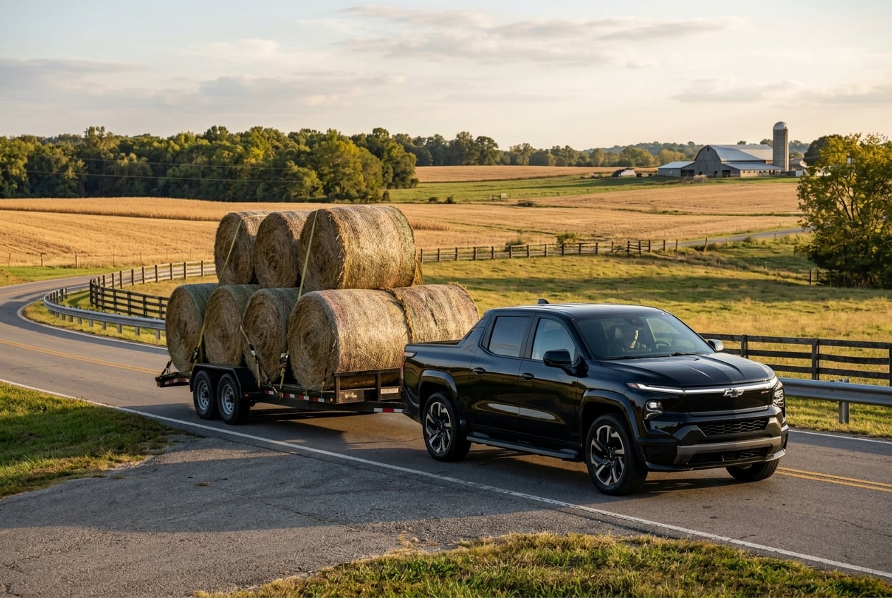 2027 Chevrolet Silverado EV electric pickup truck towing a flatbed trailer loaded with round hay bales on a country road near Elkton, Kentucky, farmland and tree lines behind, late afternoon sun, realistic automotive photography, no people, no text or logos (Representative image for illustration purposes only. Actual vehicle may vary based on trim and configuration.)