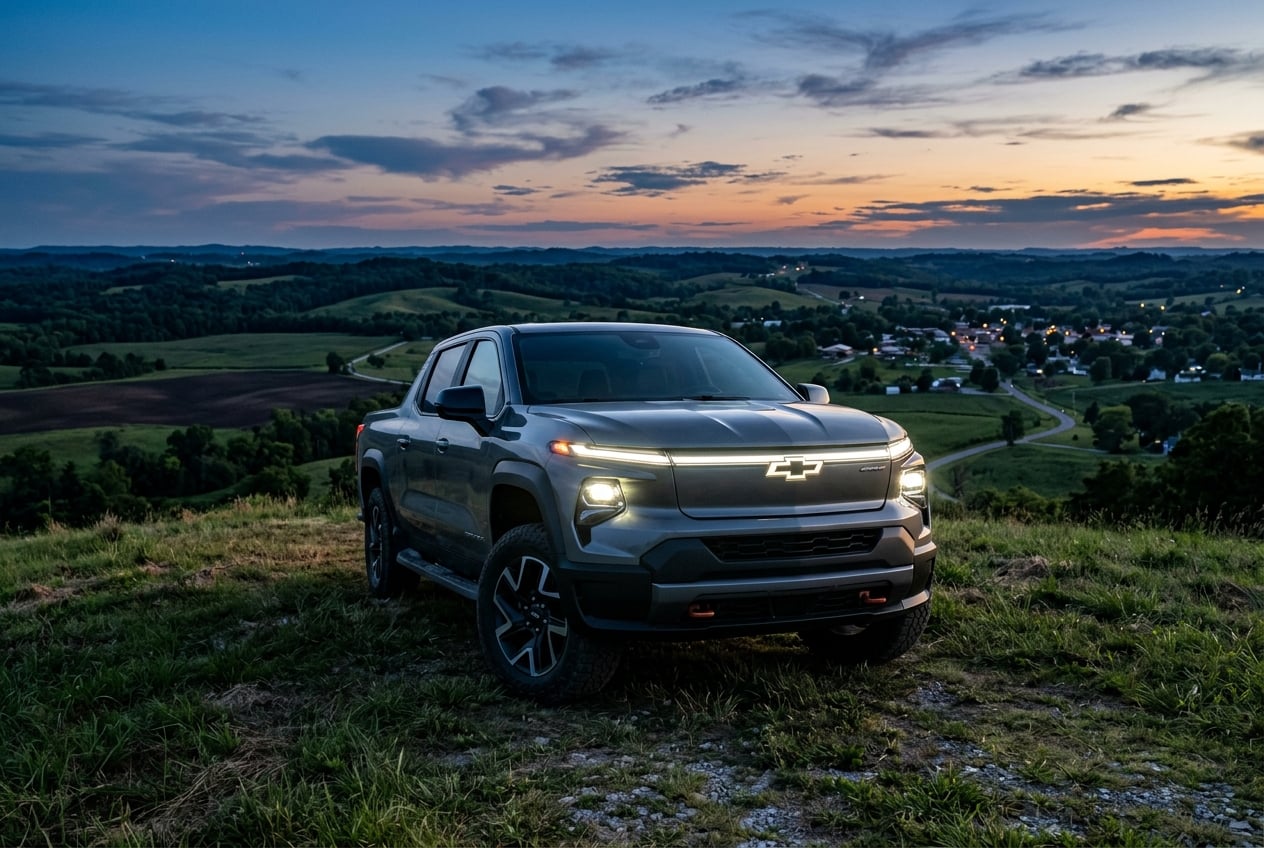 2027 Chevrolet Silverado EV electric pickup truck, dramatic low front view parked on a hilltop overlooking rolling Kentucky farmland and a small town at dusk, glowing headlights, realistic automotive photography, no people, no text or logos (Representative image for illustration purposes only. Actual vehicle may vary based on trim and configuration.)