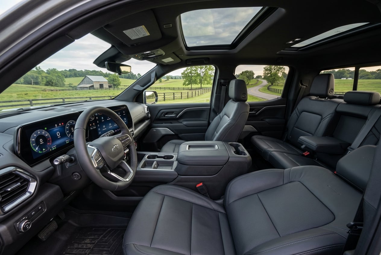 2027 Chevrolet Silverado EV crew cab interior, wide view showing spacious front and rear seats, large center touchscreen and digital dash, soft natural light with Kentucky farmland through the windows, realistic automotive interior photography, no people, no text or logos (Representative image for illustration purposes only. Actual vehicle may vary based on trim and configuration.)