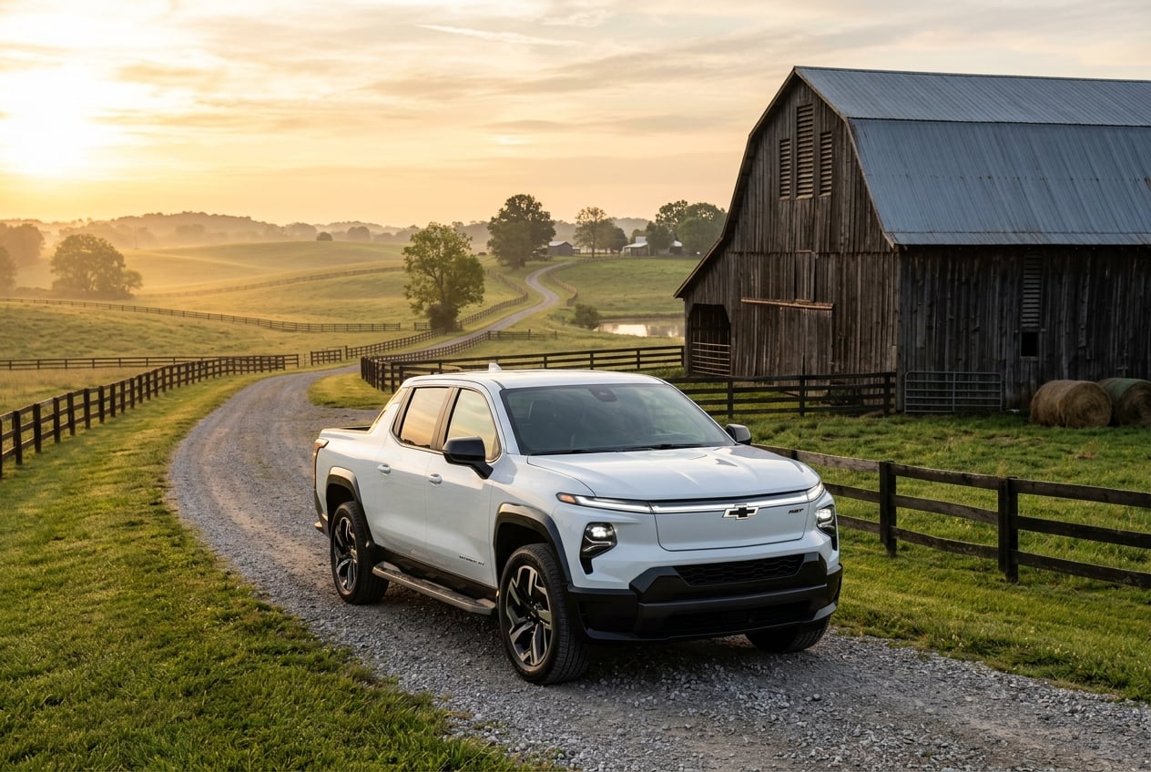 2027 Chevrolet Silverado EV electric pickup truck, front three-quarter view, parked on a gravel lane beside a large tobacco barn and rolling pasture in Logan County, Kentucky, golden sunrise light, realistic automotive photography, no people, no text or logos (Representative image for illustration purposes only. Actual vehicle may vary based on trim and configuration.)