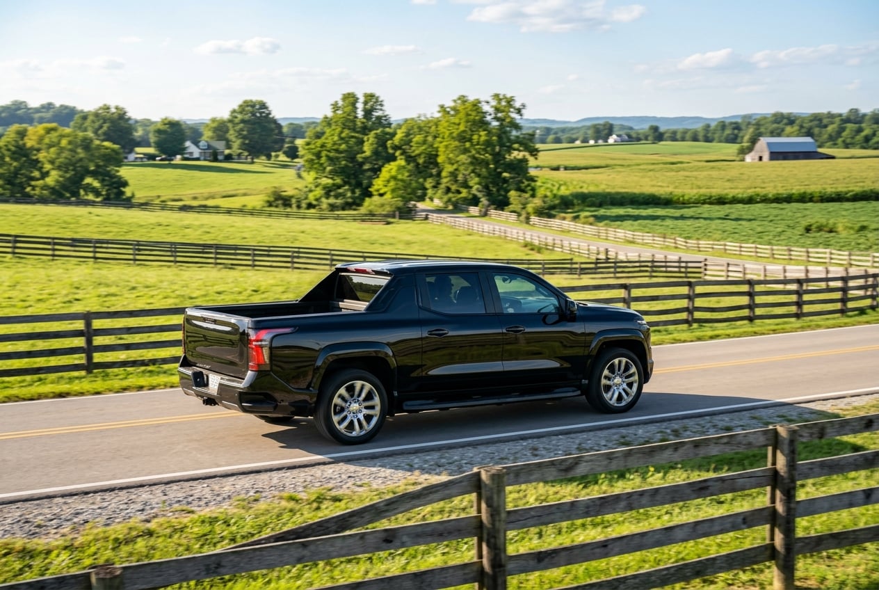 2027 Chevrolet Silverado EV electric pickup truck, side profile showing its exterior design, driving on a two-lane rural road through farm fields and wooden fences in south-central Kentucky, bright afternoon light, realistic automotive photography, no people, no text or logos (Representative image for illustration purposes only. Actual vehicle may vary based on trim and configuration.)