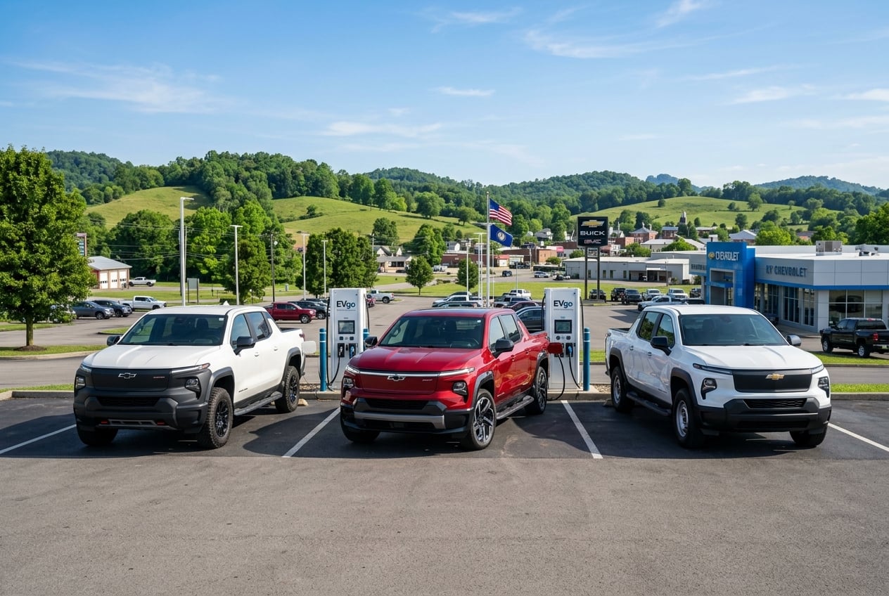 Three 2027 Chevrolet Silverado EV electric pickup trucks in different trims and colors lined up at charging stations on a small-town Kentucky dealership lot, rolling hills behind, clear blue sky, realistic automotive photography, no people, no text or logos (Representative image for illustration purposes only. Actual vehicle may vary based on trim and configuration.)