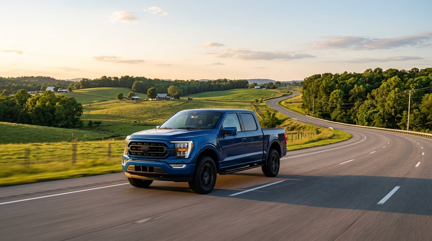 Blue full-size pickup truck on a two-lane highway through Middle Tennessee farmland at sunset