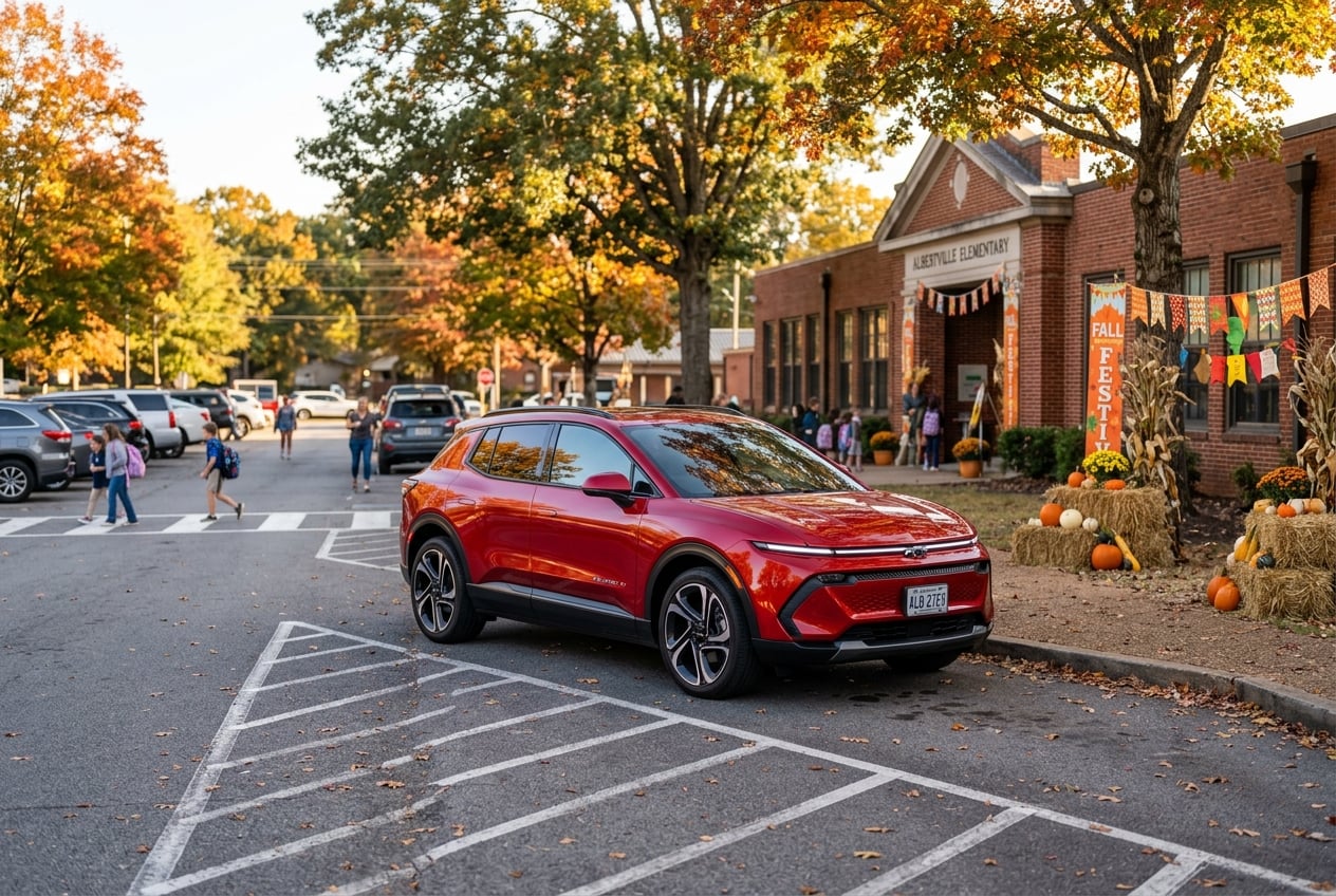 2027 Chevrolet Equinox EV in radiant red, parked in front of a small-town elementary school pickup lane in Albertville, Alabama with autumn festival banners and hay bales nearby, safe family-friendly mood, afternoon light, realistic automotive photography, no people as focal point, no readable text, no logos (Representative image for illustration purposes only. Actual vehicle may vary based on trim and configuration.)
