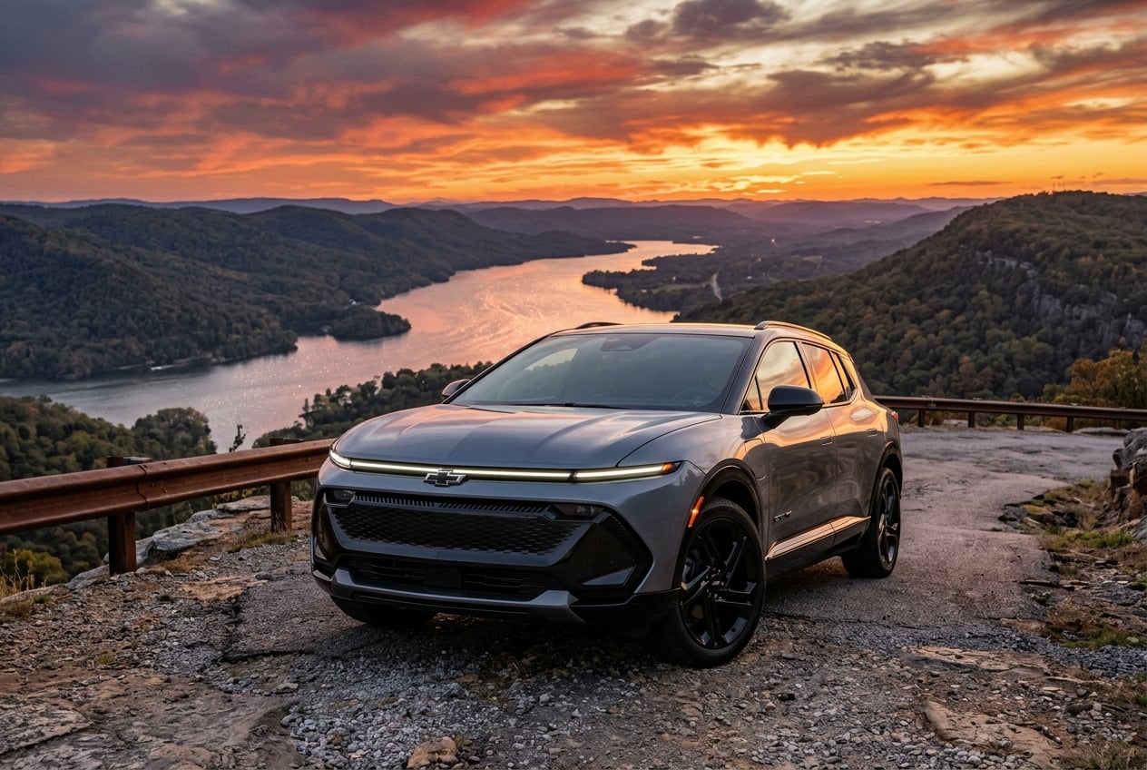 2027 Chevrolet Equinox EV 3RS in sterling gray, dramatic low-angle front hero shot at a scenic Appalachian foothills overlook above Lake Guntersville, Alabama at sunset, premium award-worthy mood, realistic automotive photography, no people, no text, no logos (Representative image for illustration purposes only. Actual vehicle may vary based on trim and configuration.)