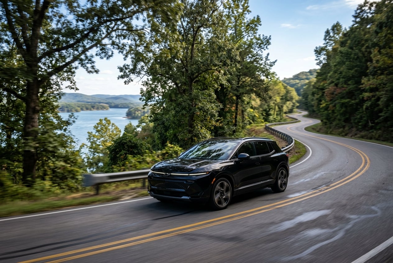 2027 Chevrolet Equinox EV in mosaic black, driving on a winding lakeshore road through rolling hills near Guntersville, Alabama, lake glimpses through trees, dynamic motion blur, afternoon sun, realistic automotive photography, no people, no text, no logos (Representative image for illustration purposes only. Actual vehicle may vary based on trim and configuration.)