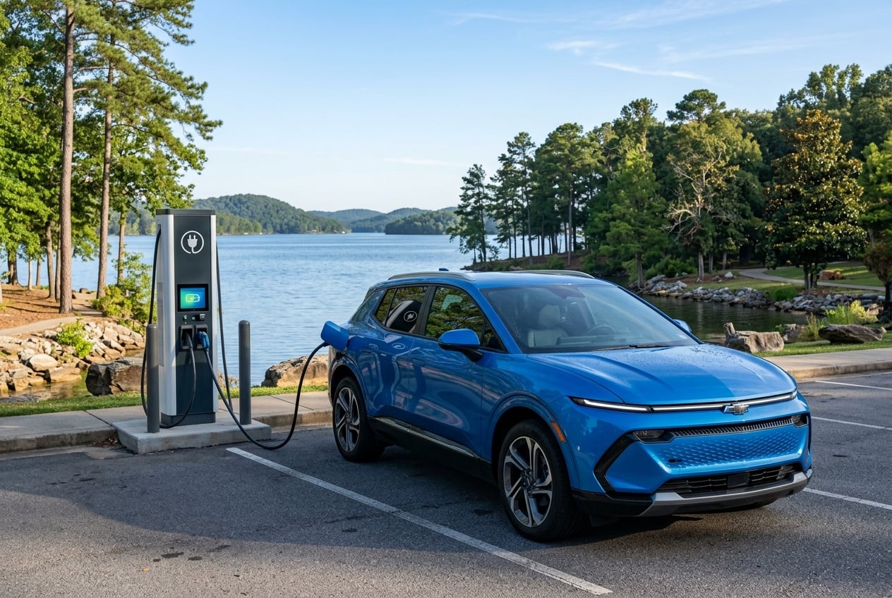2027 Chevrolet Equinox EV electric SUV in riptide blue, three-quarter front view, parked at an EV charging station beside a lakeside park in Guntersville, Alabama, Lake Guntersville and wooded hills behind, clear morning light, realistic automotive photography, no people, no text, no logos (Representative image for illustration purposes only. Actual vehicle may vary based on trim and configuration.)