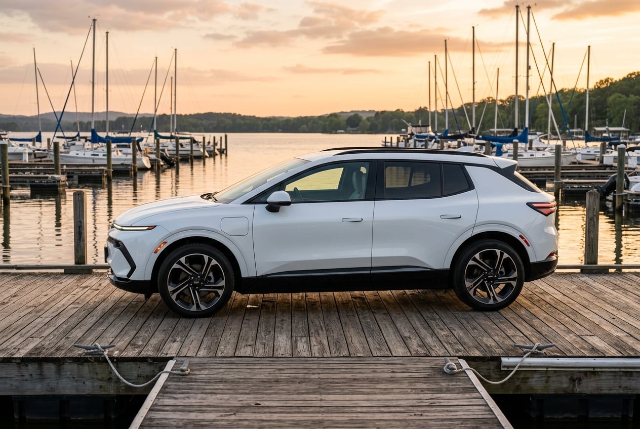 2027 Chevrolet Equinox EV in summit white, side profile showing its clean modern design and light bar, parked on a wooden marina boardwalk lot on Lake Guntersville, Alabama, sailboats and calm water behind, golden hour, realistic automotive photography, no people, no text, no logos (Representative image for illustration purposes only. Actual vehicle may vary based on trim and configuration.)