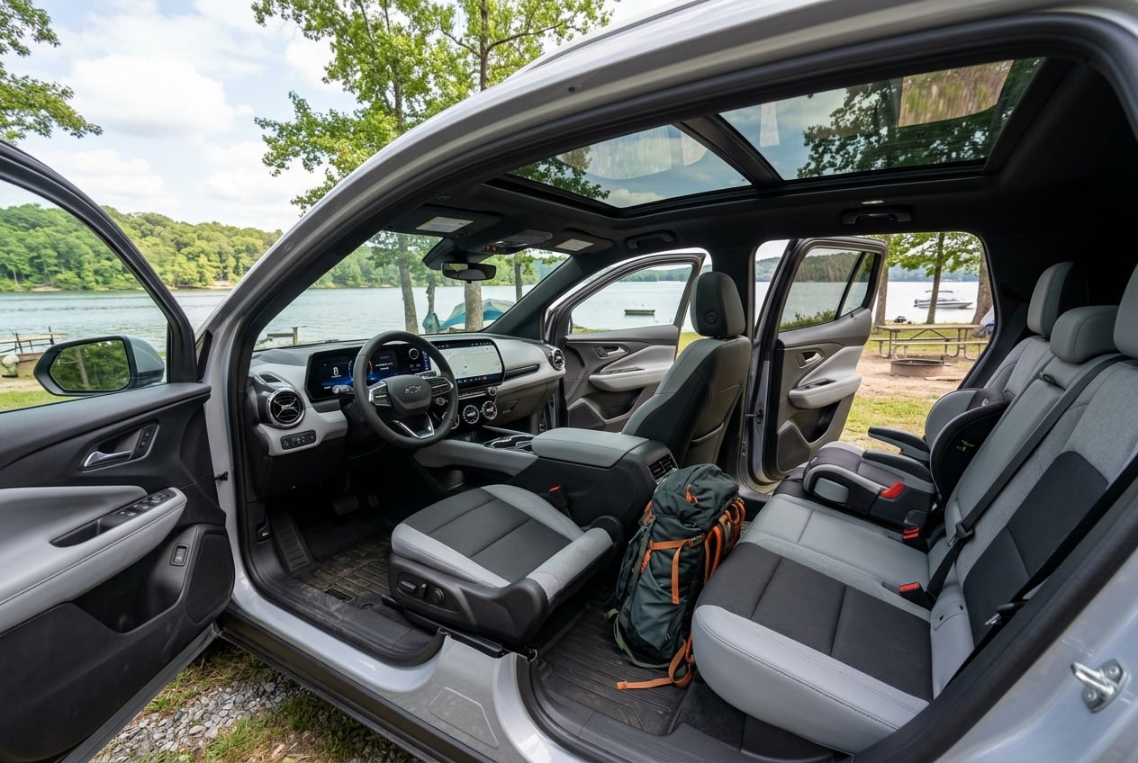 Interior cabin of the 2027 Chevrolet Equinox EV with large 17.7-inch touchscreen, spacious front and rear seats with a child booster seat and camping backpack, panoramic roof, doors open at a lakeside campground near Guntersville, Alabama, daylight, realistic automotive interior photography, no people, no readable text, no logos (Representative image for illustration purposes only. Actual vehicle may vary based on trim and configuration.)