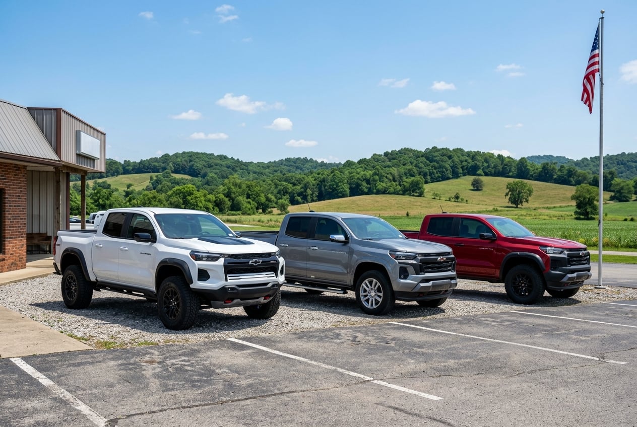 Three 2027 Chevrolet Colorado midsize pickup trucks in different trims and colors lined up on a small-town Kentucky dealership lot with rolling hills and a clear blue sky behind, realistic automotive photography, no people, no text or logos (Representative image for illustration purposes only. Actual vehicle may vary based on trim and configuration.)