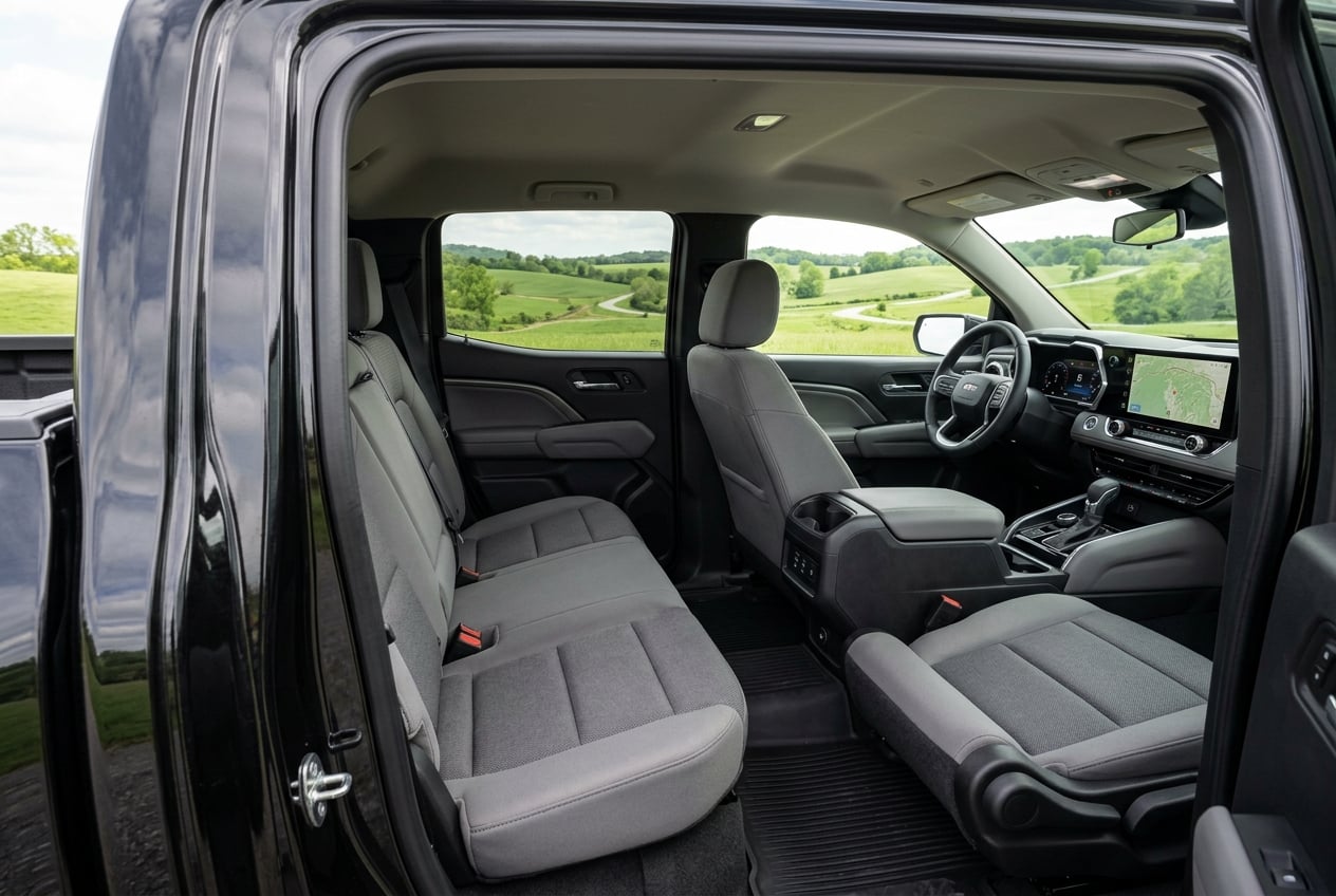 2027 Chevrolet Colorado crew cab interior, view from the open rear door showing spacious front and rear seats, dashboard and center touchscreen, soft daylight with green Kentucky countryside visible through the windows, realistic automotive interior photography, no people, no text or logos (Representative image for illustration purposes only. Actual vehicle may vary based on trim and configuration.)
