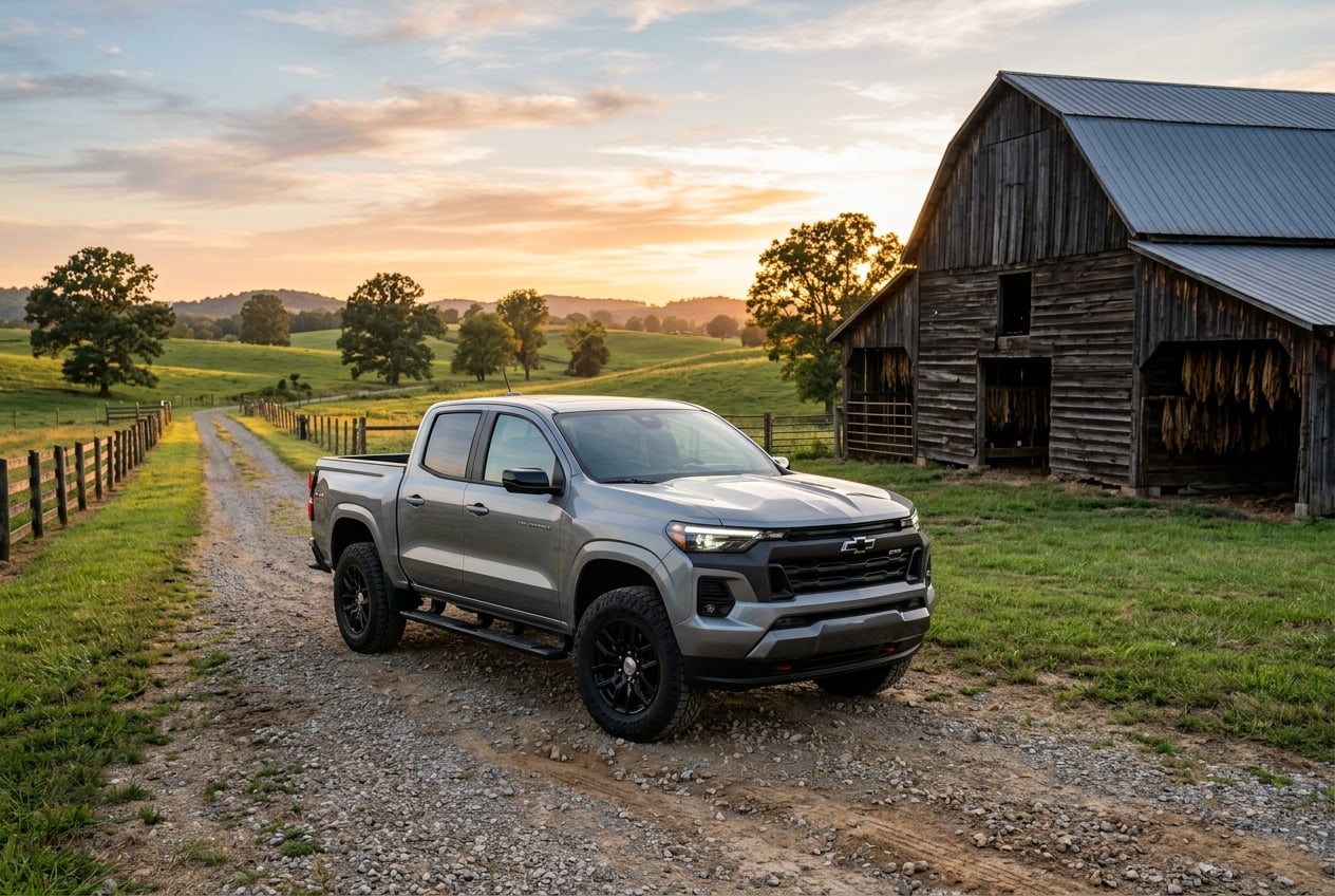 2027 Chevrolet Colorado midsize pickup truck, front three-quarter view, parked on a gravel farm lane beside a weathered dark tobacco barn and rolling pasture in Logan County, Kentucky, golden hour light, realistic automotive photography, no people, no text or logos (Representative image for illustration purposes only. Actual vehicle may vary based on trim and configuration.)