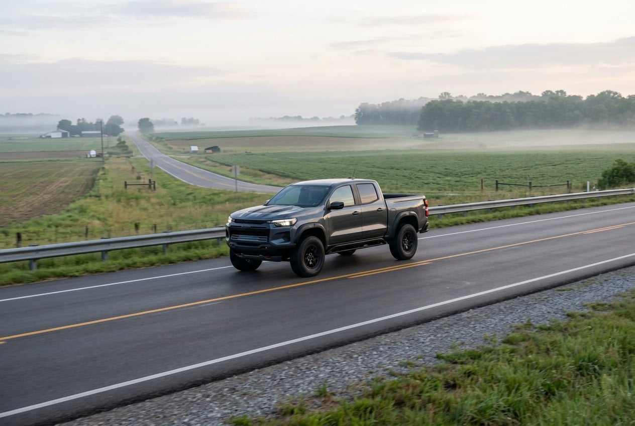 2027 Chevrolet Colorado midsize pickup truck cruising on an open two-lane highway through flat farm fields between Russellville and Bowling Green, Kentucky, early morning light with light mist, realistic automotive photography, no people, no text or logos (Representative image for illustration purposes only. Actual vehicle may vary based on trim and configuration.)