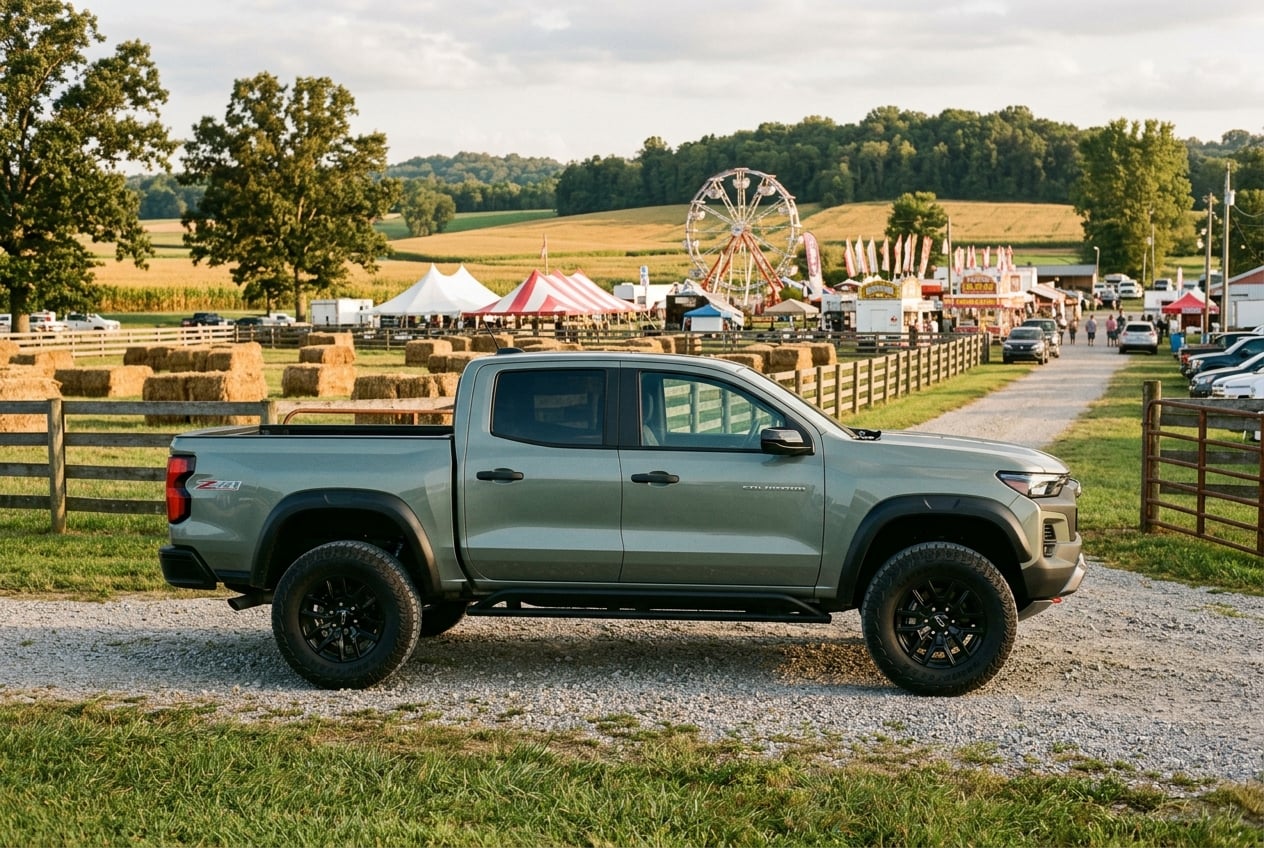 2027 Chevrolet Colorado midsize pickup truck, side profile showing rugged styling, parked at the edge of a small-town county fairground with hay bales and farmland behind in south-central Kentucky, late afternoon sun, realistic automotive photography, no people as focal point, no text or logos (Representative image for illustration purposes only. Actual vehicle may vary based on trim and configuration.)