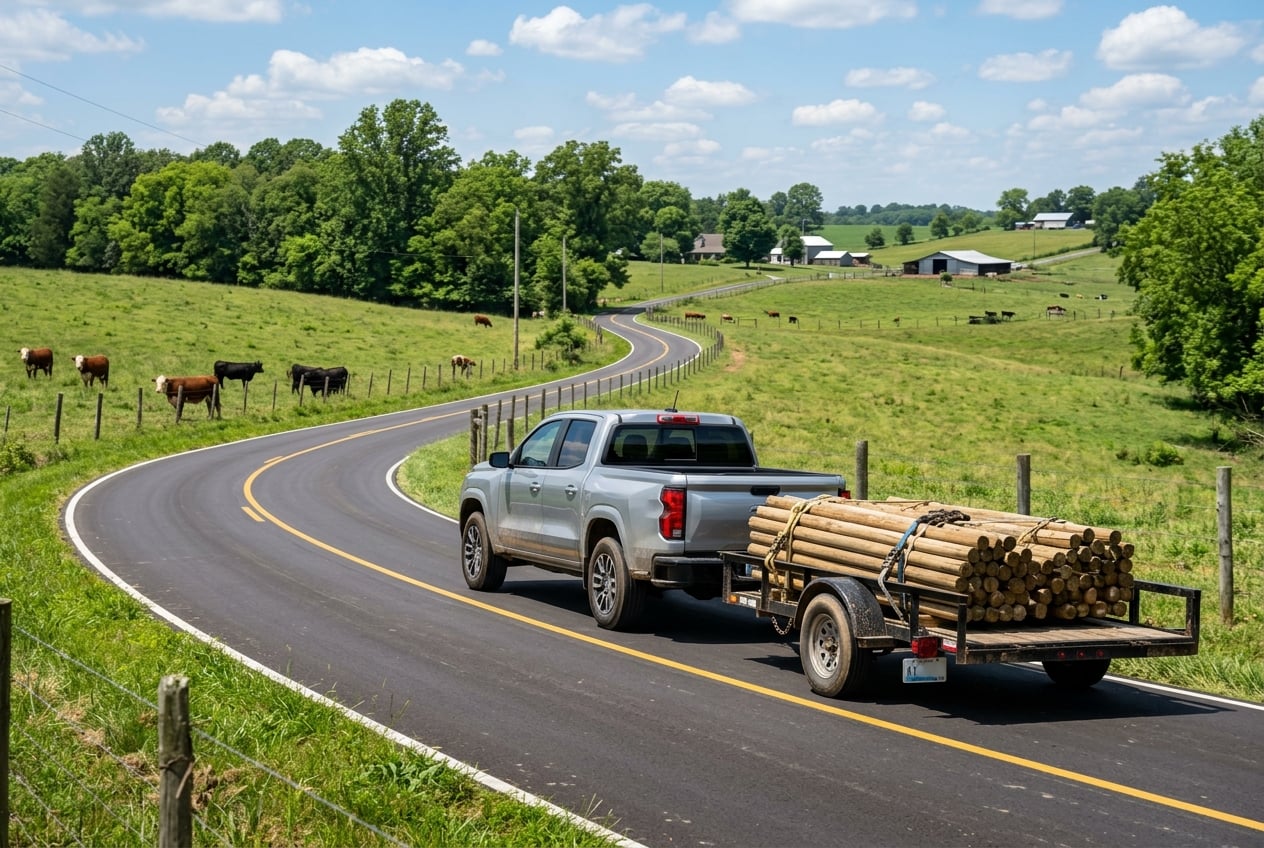 2027 Chevrolet Colorado midsize pickup truck towing a small utility trailer loaded with fence posts along a winding two-lane rural road past cattle pastures near Russellville, Kentucky, bright midday light, realistic automotive photography, no people, no text or logos (Representative image for illustration purposes only. Actual vehicle may vary based on trim and configuration.)
