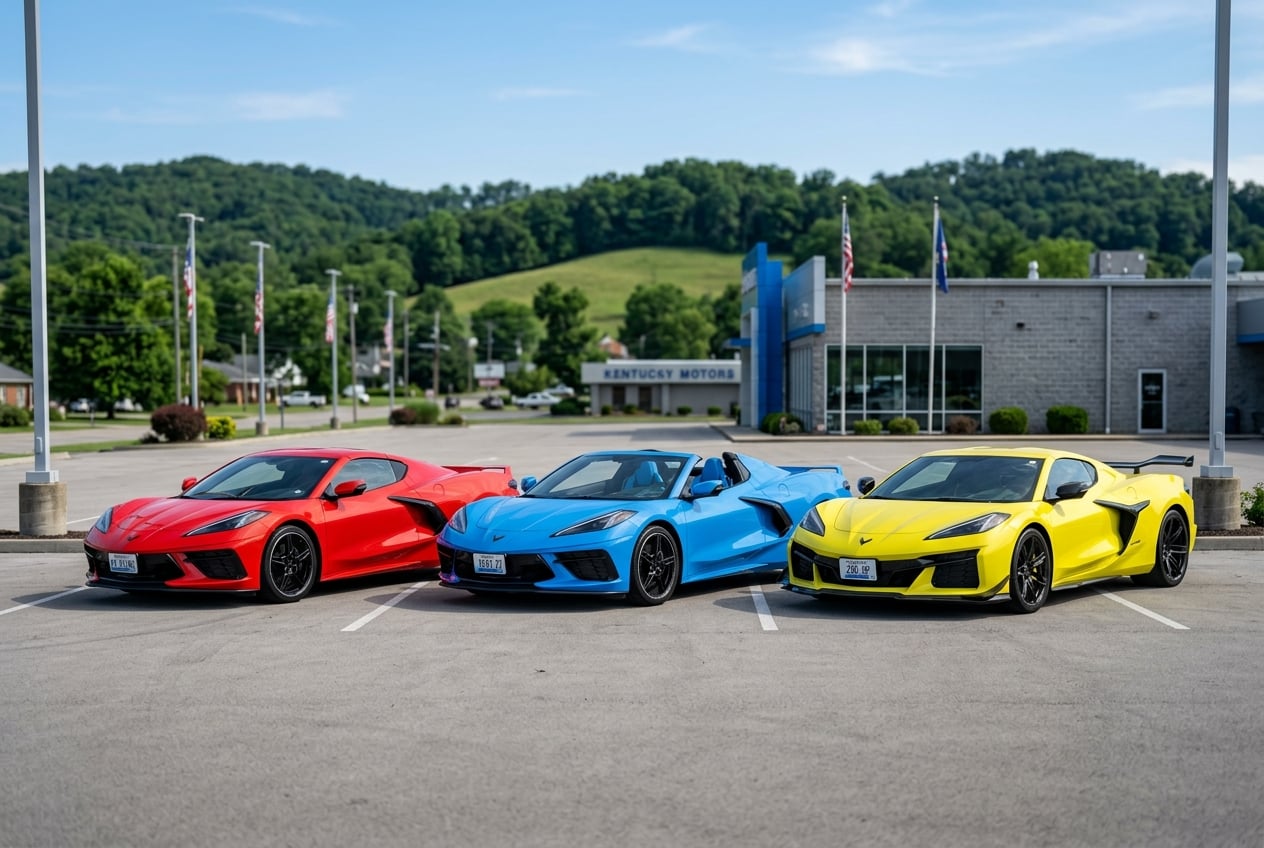 Three 2027 Chevrolet Corvette models, a Stingray coupe, a convertible and a high-performance variant in different colors, lined up on a clean small-town Kentucky dealership lot with rolling hills beyond, clear blue sky, realistic automotive photography, no people, no text or logos (Representative image for illustration purposes only. Actual vehicle may vary based on trim and configuration.)
