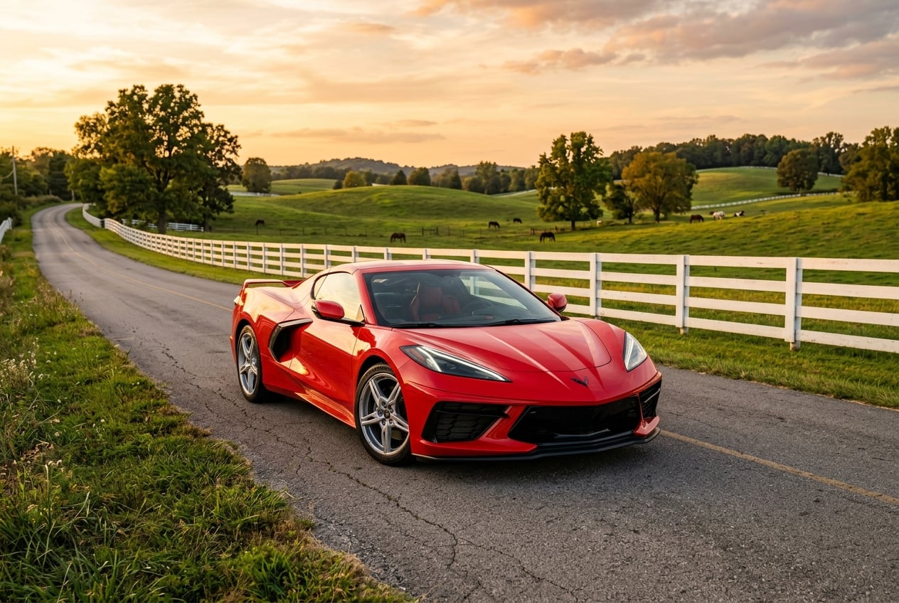 2027 Chevrolet Corvette Stingray coupe, low front three-quarter view, parked on a quiet two-lane country road beside white horse-farm fencing and rolling green pastures in south-central Kentucky, golden sunset light, realistic automotive photography, no people, no text or logos (Representative image for illustration purposes only. Actual vehicle may vary based on trim and configuration.)