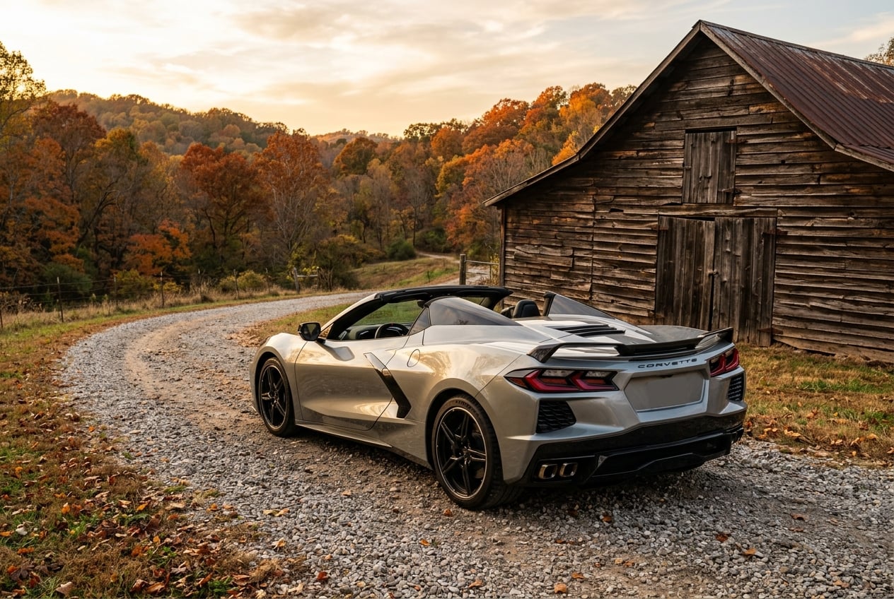2027 Chevrolet Corvette convertible with the top down, rear three-quarter view, parked beside a weathered tobacco barn on a gravel drive in Logan County, Kentucky, autumn foliage, warm late-afternoon light, realistic automotive photography, no people, no text or logos (Representative image for illustration purposes only. Actual vehicle may vary based on trim and configuration.)