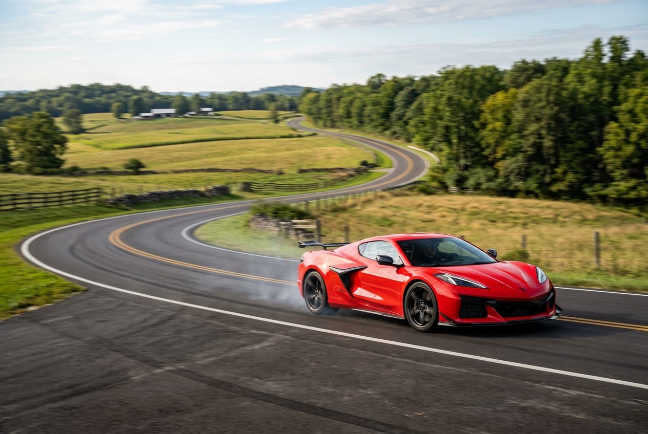 2027 Chevrolet Corvette accelerating through a sweeping curve on a winding two-lane road across the Pennyroyal Plateau of south-central Kentucky, farmland and hardwood tree lines, motion blur, bright afternoon light, realistic automotive photography, no people, no text or logos (Representative image for illustration purposes only. Actual vehicle may vary based on trim and configuration.)