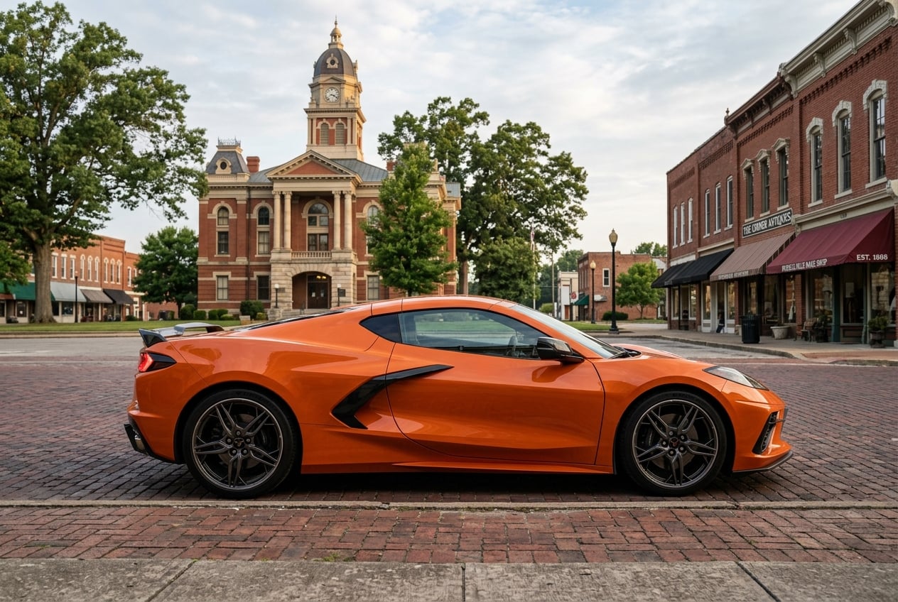 2027 Chevrolet Corvette, side profile highlighting its sleek exterior design, parked on a brick-lined historic downtown square in Russellville, Kentucky with a 19th-century courthouse and old storefronts behind, soft morning light, realistic automotive photography, no people as focal point, no text or logos (Representative image for illustration purposes only. Actual vehicle may vary based on trim and configuration.)