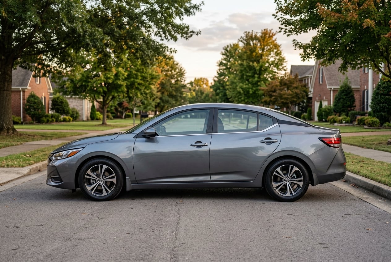 2027 Nissan Sentra compact sedan, clean side profile showing its sleek coupe-like silhouette and alloy wheels, parked on a quiet tree-lined suburban street in Smyrna, Tennessee, soft evening light, realistic automotive photograph, no people, no text or logos (Representative image for illustration purposes only. Actual vehicle may vary based on trim and configuration.)