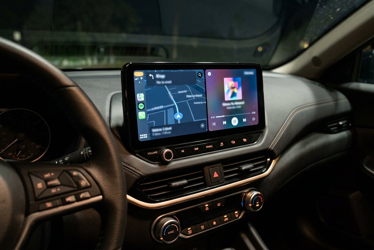 2027 Nissan Sentra dashboard close-up of the 12.3-inch center touchscreen showing a generic smartphone-projection music and map interface, soft cabin lighting, realistic automotive photograph, no people, no readable text or logos (Representative image for illustration purposes only. Actual vehicle may vary based on trim and configuration.)