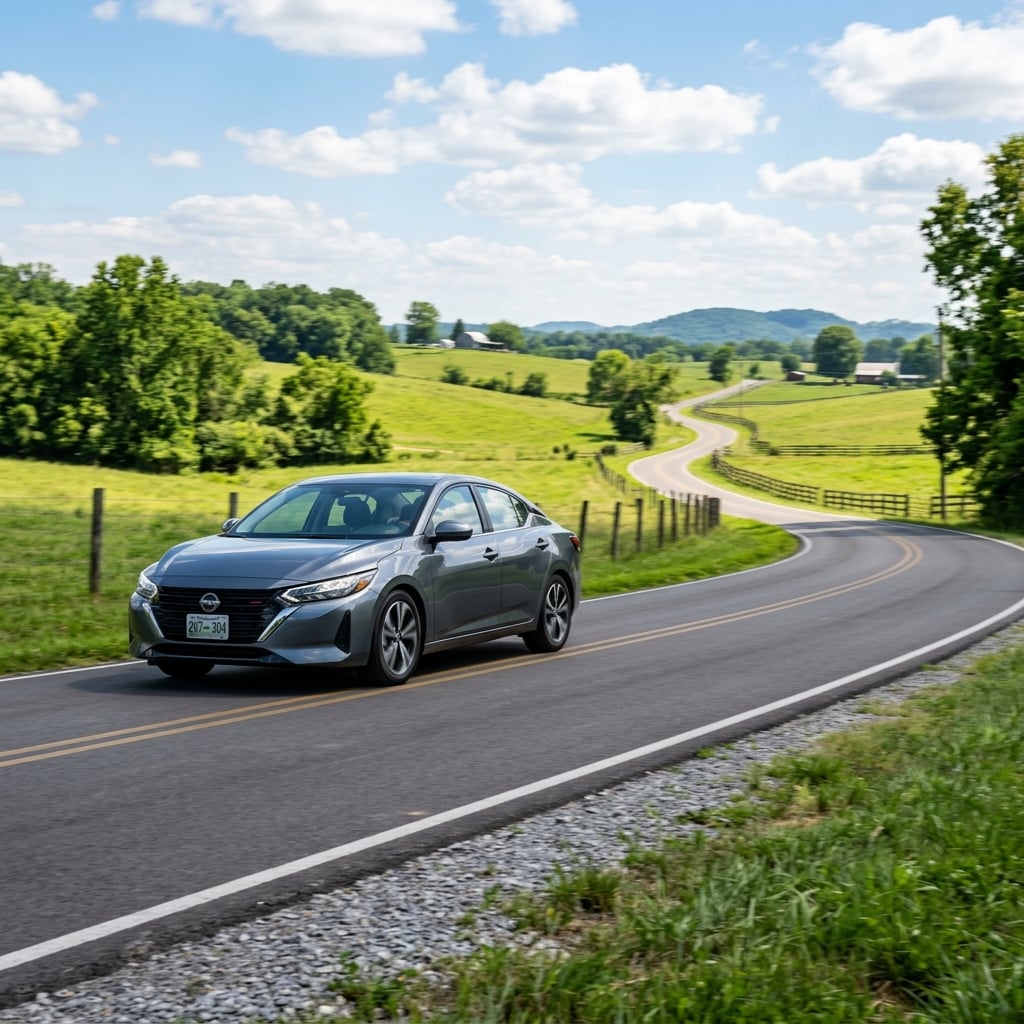 2027 Nissan Sentra compact sedan, front three-quarter view, driving along a scenic two-lane road through green pastures and rolling hills near Murfreesboro, Tennessee, bright summer afternoon, realistic automotive photograph, no people as focal point, no text or logos (Representative image for illustration purposes only. Actual vehicle may vary based on trim and configuration.)