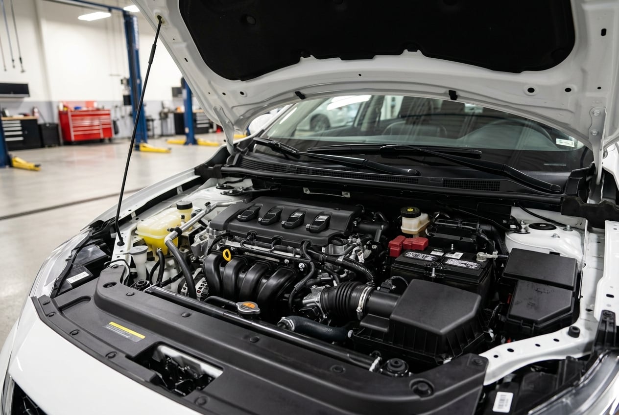 2027 Nissan Sentra with hood open, close-up detail of the clean 2.0-liter four-cylinder engine bay, shot in a bright dealership service area, realistic automotive photograph, no people, no text or logos (Representative image for illustration purposes only. Actual vehicle may vary based on trim and configuration.)