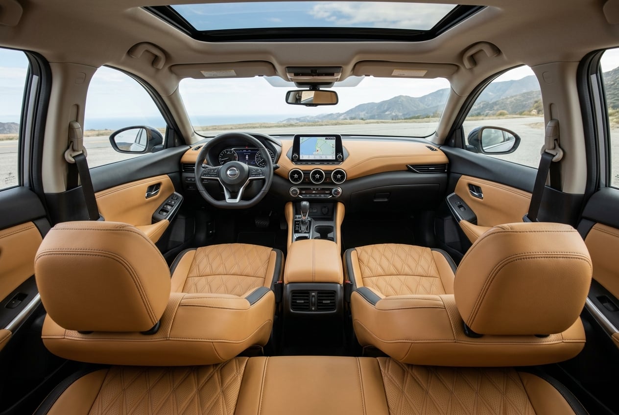 2027 Nissan Sentra interior cabin with premium quilted leather seats and modern dashboard design, wide view from the rear seat toward the front, natural daylight, realistic automotive interior photograph, no people, no text or logos (Representative image for illustration purposes only. Actual vehicle may vary based on trim and configuration.)