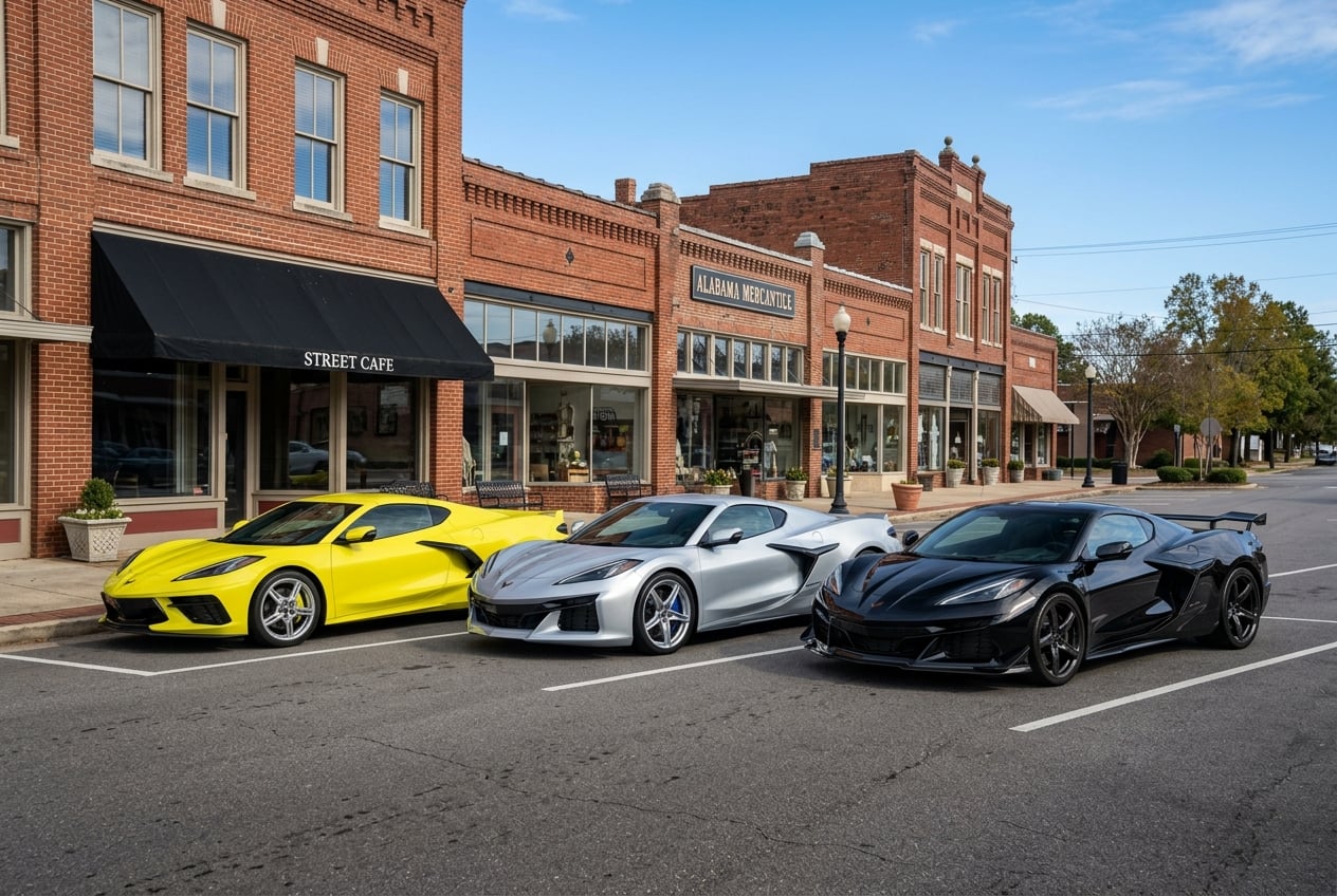 Three Chevrolet Corvette coupes in yellow, silver, and black parked in front of brick storefronts in downtown Guntersville, Alabama