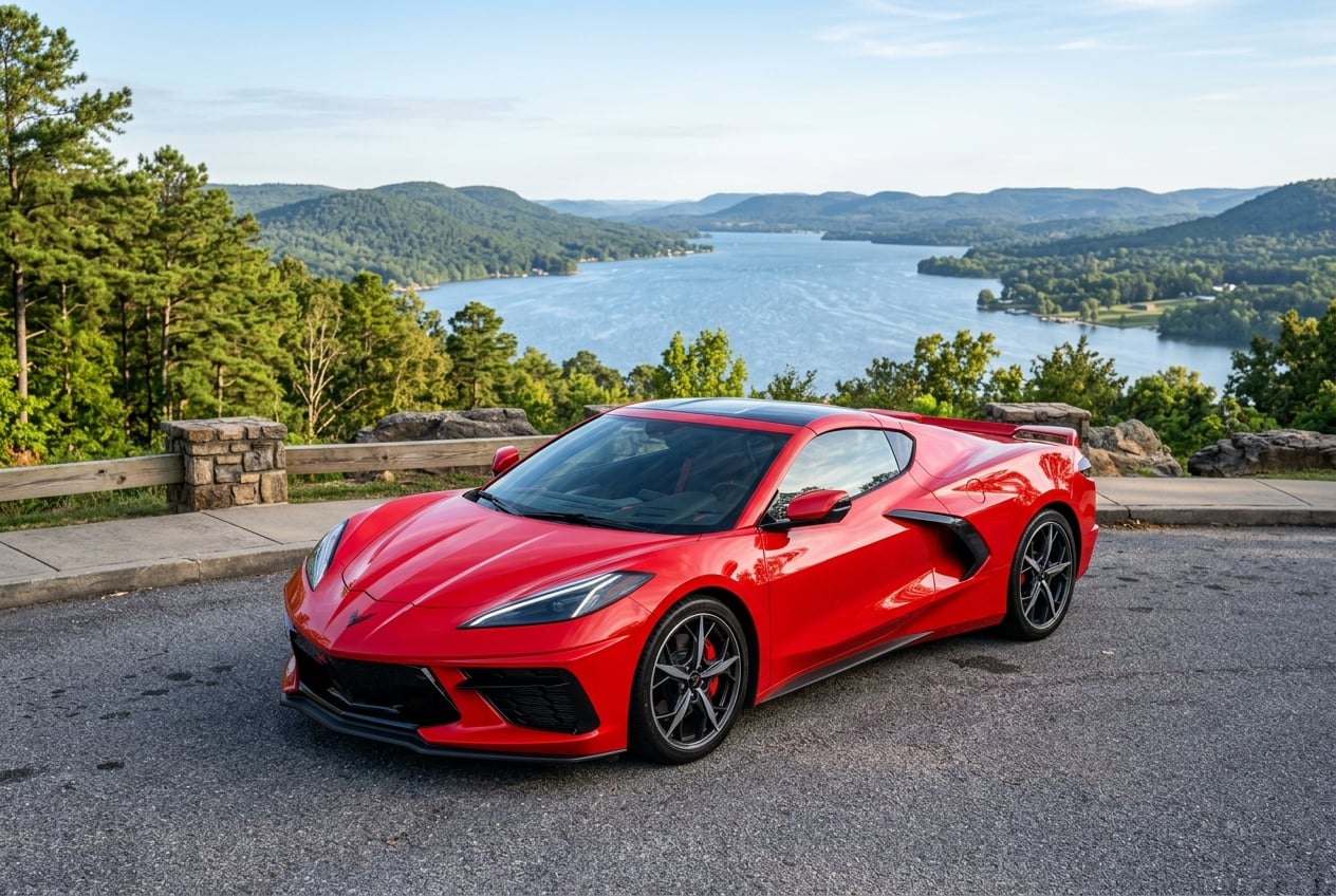 Red 2027 Chevrolet Corvette Stingray coupe parked at an overlook above Lake Guntersville, Alabama