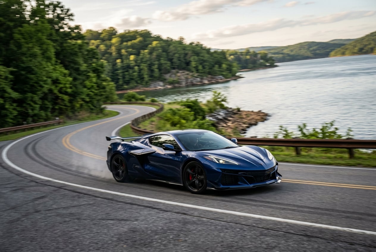 Dark blue 2027 Chevrolet Corvette Z06 driving a curving lakeside road along Lake Guntersville
