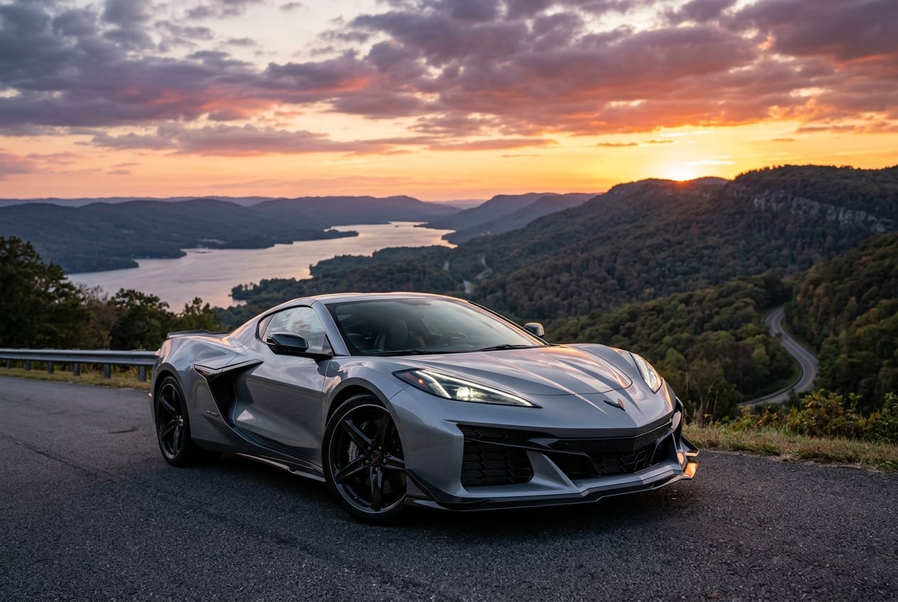 Gray Chevrolet Corvette on a ridge road above Lake Guntersville, Alabama at sunset
