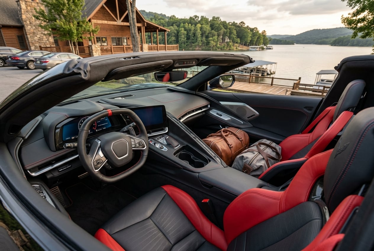 Leather sport seats and driver-focused dashboard inside a 2027 Chevrolet Corvette convertible with the roof lowered