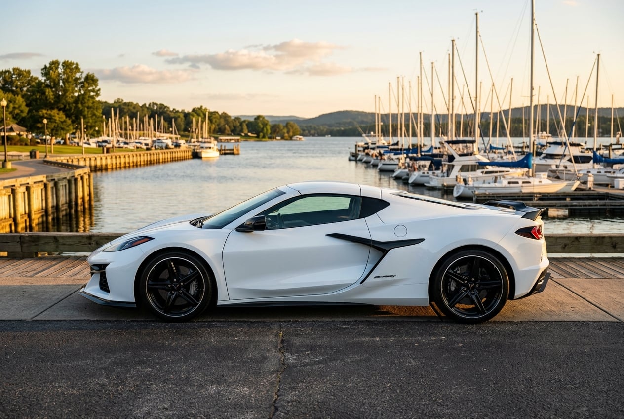 White 2027 Chevrolet Corvette in side profile at a marina in Guntersville, Alabama