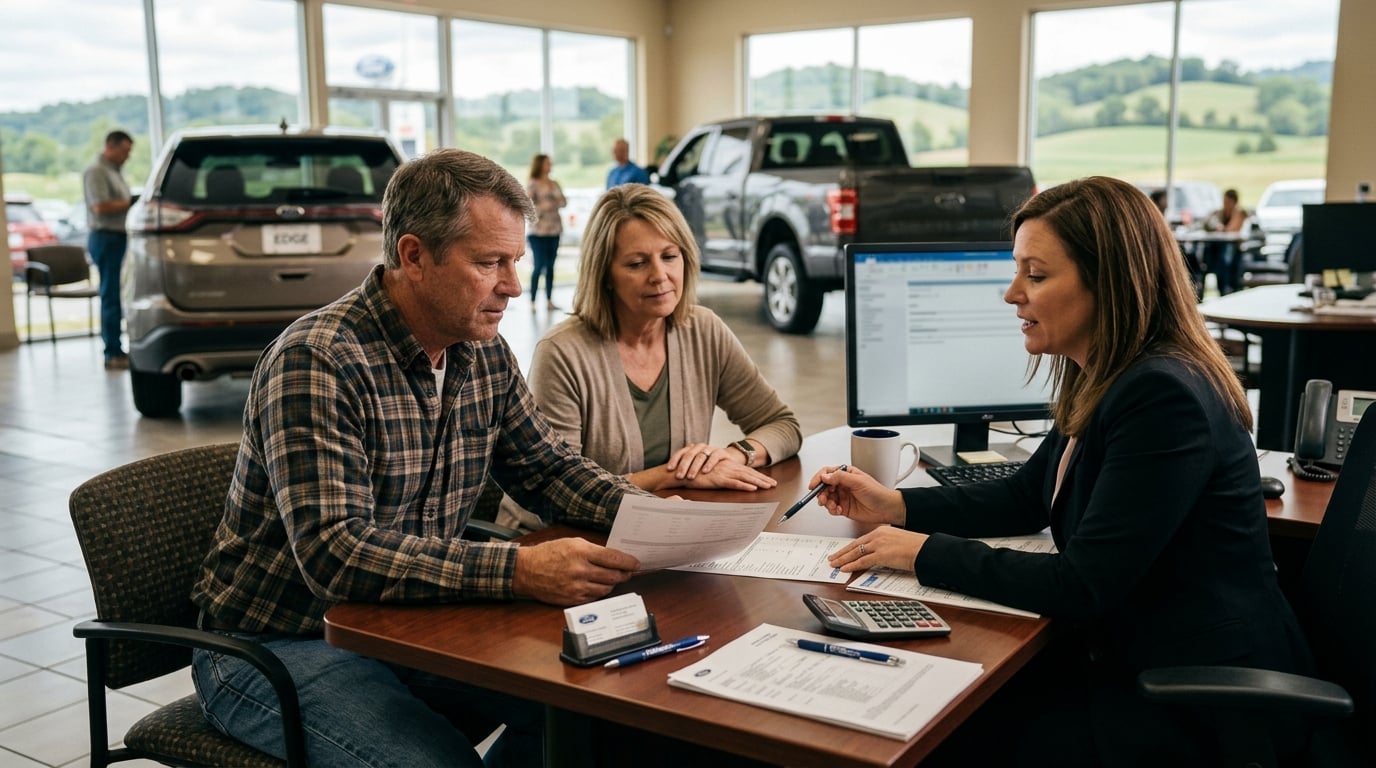 Couple reviewing trade-in paperwork with a finance manager in a Ford showroom