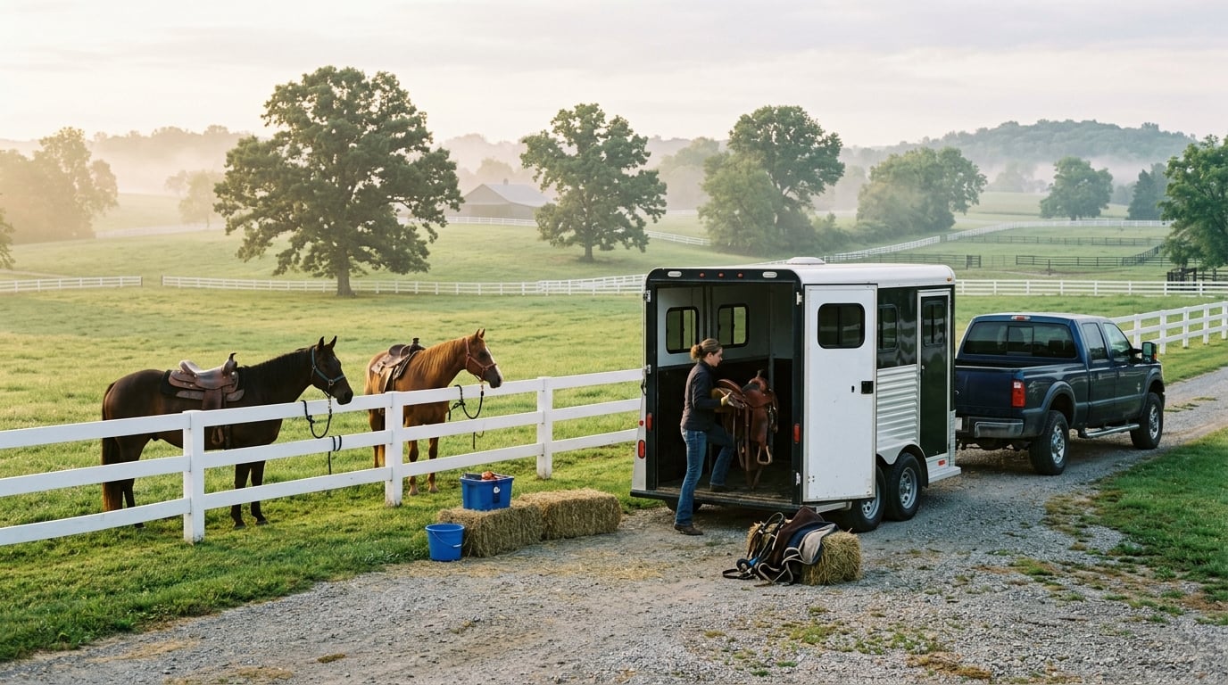Pickup truck hitched to a two-horse trailer being loaded with saddles and tack at a Tennessee horse farm