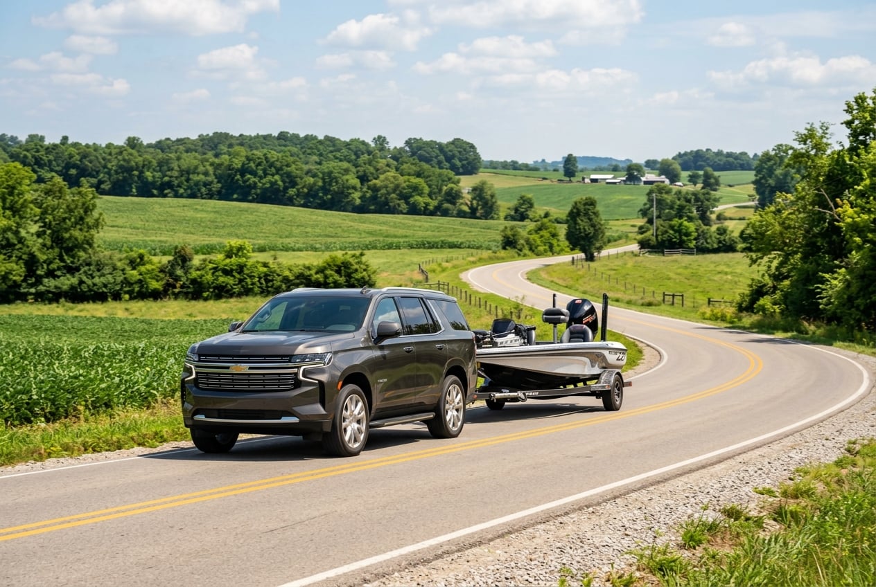 2027 Chevrolet Tahoe full-size SUV towing a bass boat on a two-lane country road through rolling farmland and tree lines in Logan County, Kentucky, bright summer afternoon, realistic automotive photography, no people, no text or logos (Representative image for illustration purposes only. Actual vehicle may vary based on trim and configuration.)
