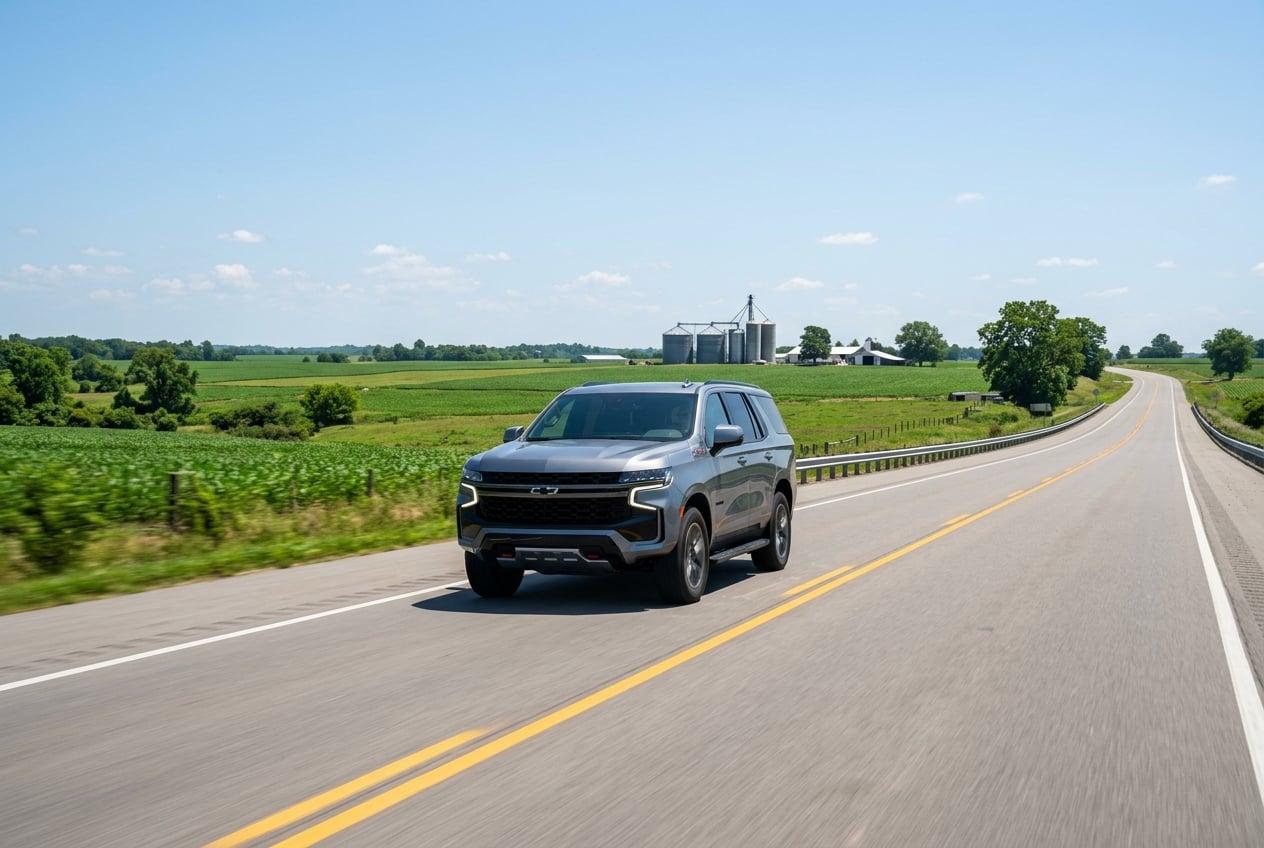 2027 Chevrolet Tahoe full-size SUV cruising on an open highway between Russellville and Bowling Green, Kentucky, with farm fields and a distant grain silo, clear midday sky, realistic automotive photography, no people, no text or logos (Representative image for illustration purposes only. Actual vehicle may vary based on trim and configuration.)