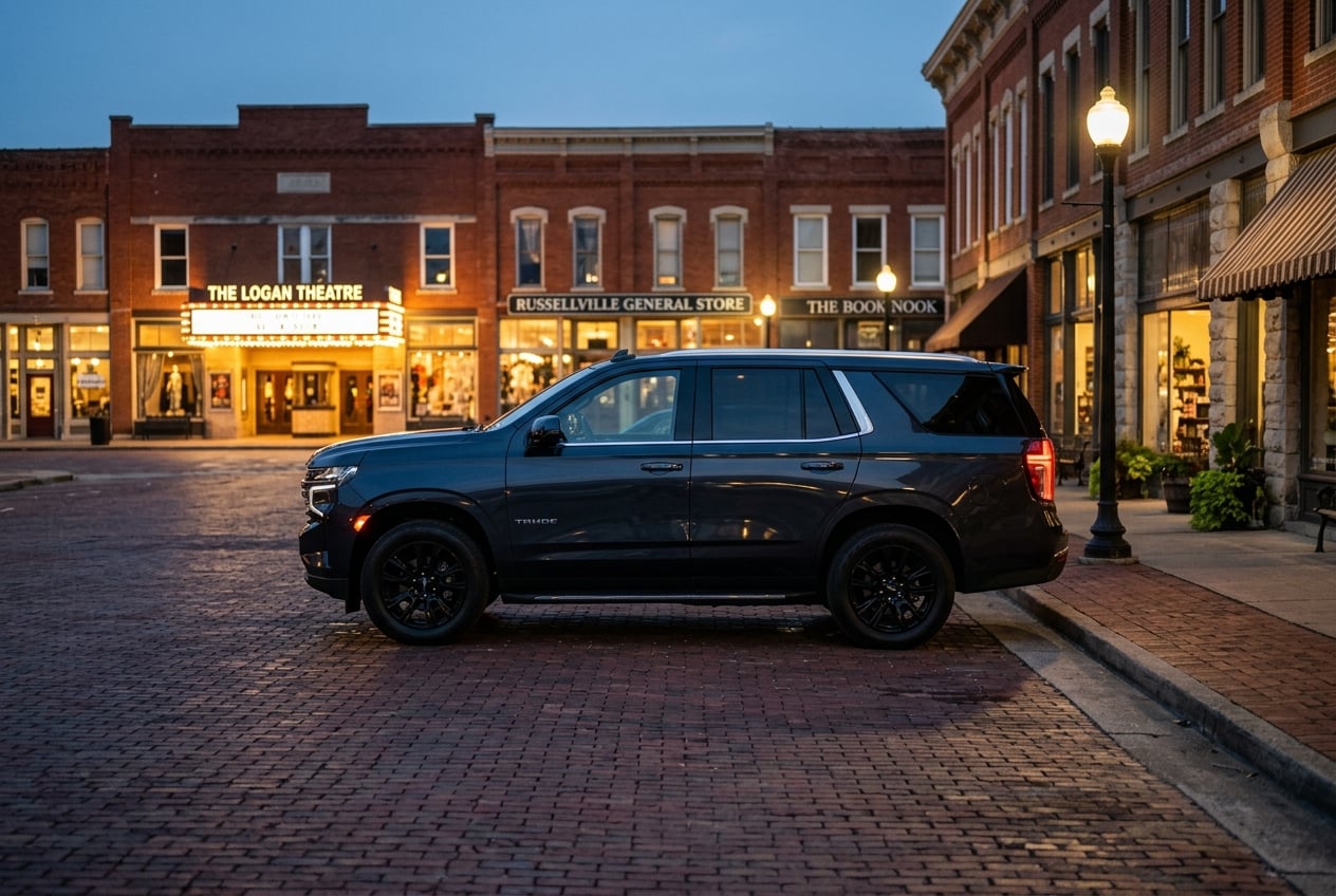 2027 Chevrolet Tahoe full-size SUV in a dark metallic color, side profile showing its sophisticated styling, parked on a historic brick downtown square in Russellville, Kentucky at dusk with warm storefront lights, realistic automotive photography, no people as focal point, no text or logos (Representative image for illustration purposes only. Actual vehicle may vary based on trim and configuration.)