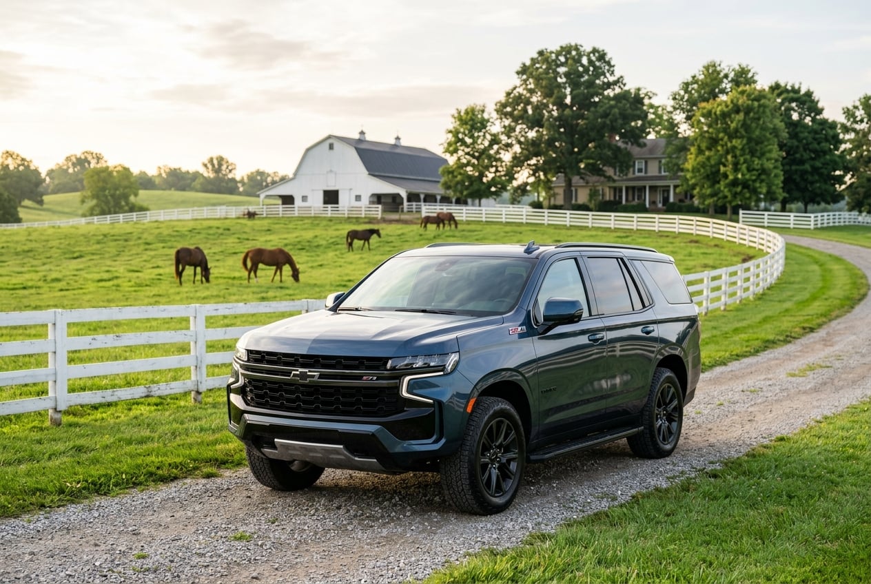 2027 Chevrolet Tahoe full-size SUV, front three-quarter view, parked in front of a white plank-fenced horse farm with rolling bluegrass pasture in south-central Kentucky, soft morning light, realistic automotive photography, no people, no text or logos (Representative image for illustration purposes only. Actual vehicle may vary based on trim and configuration.)