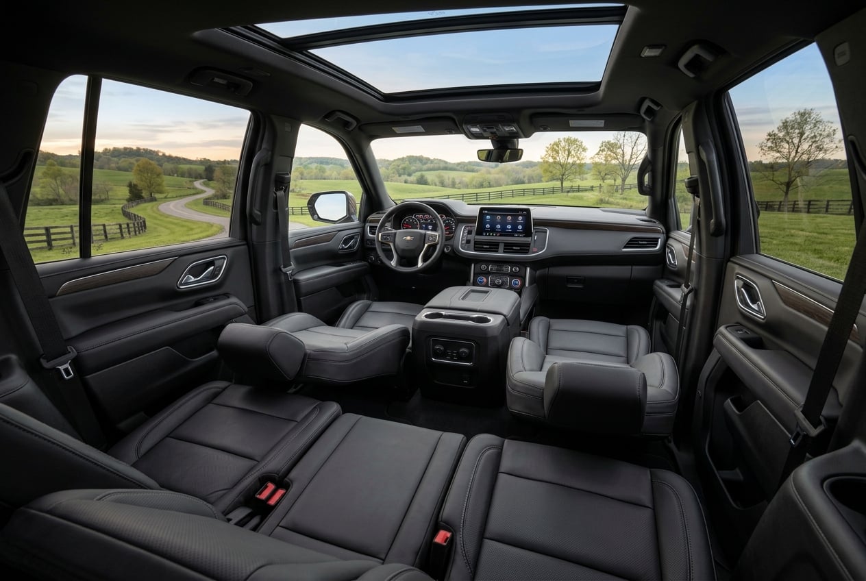 2027 Chevrolet Tahoe interior, wide view of the spacious three-row cabin with leather seats, dashboard and large touchscreen, soft natural light with Kentucky countryside visible through the windows, realistic automotive interior photography, no people, no text or logos (Representative image for illustration purposes only. Actual vehicle may vary based on trim and configuration.)