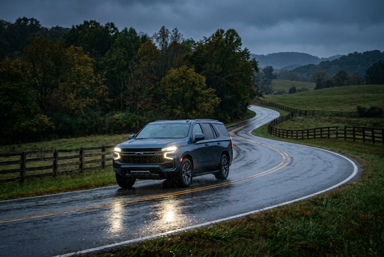 2027 Chevrolet Tahoe full-size SUV driving with headlights on along a winding rural Kentucky two-lane road at twilight, light rain on the pavement, farm fences and trees on both sides, realistic automotive photography, no people, no text or logos (Representative image for illustration purposes only. Actual vehicle may vary based on trim and configuration.)