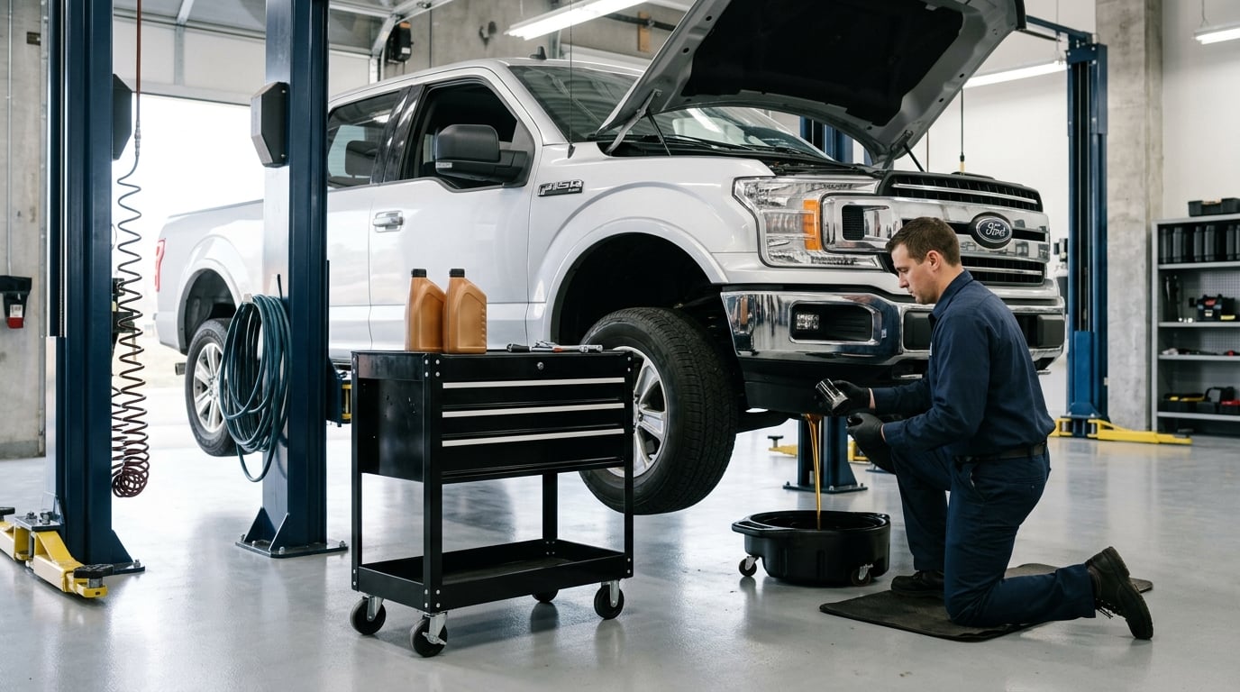 Technician draining used oil and fitting a new filter under a silver Ford pickup on a service lift